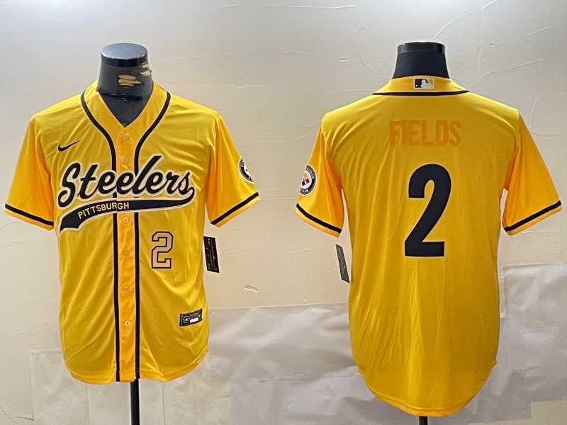 Mens Pittsburgh Steelers #2 Justin Fields Yellow With Patch Cool Base Stitched Baseball Jerseys